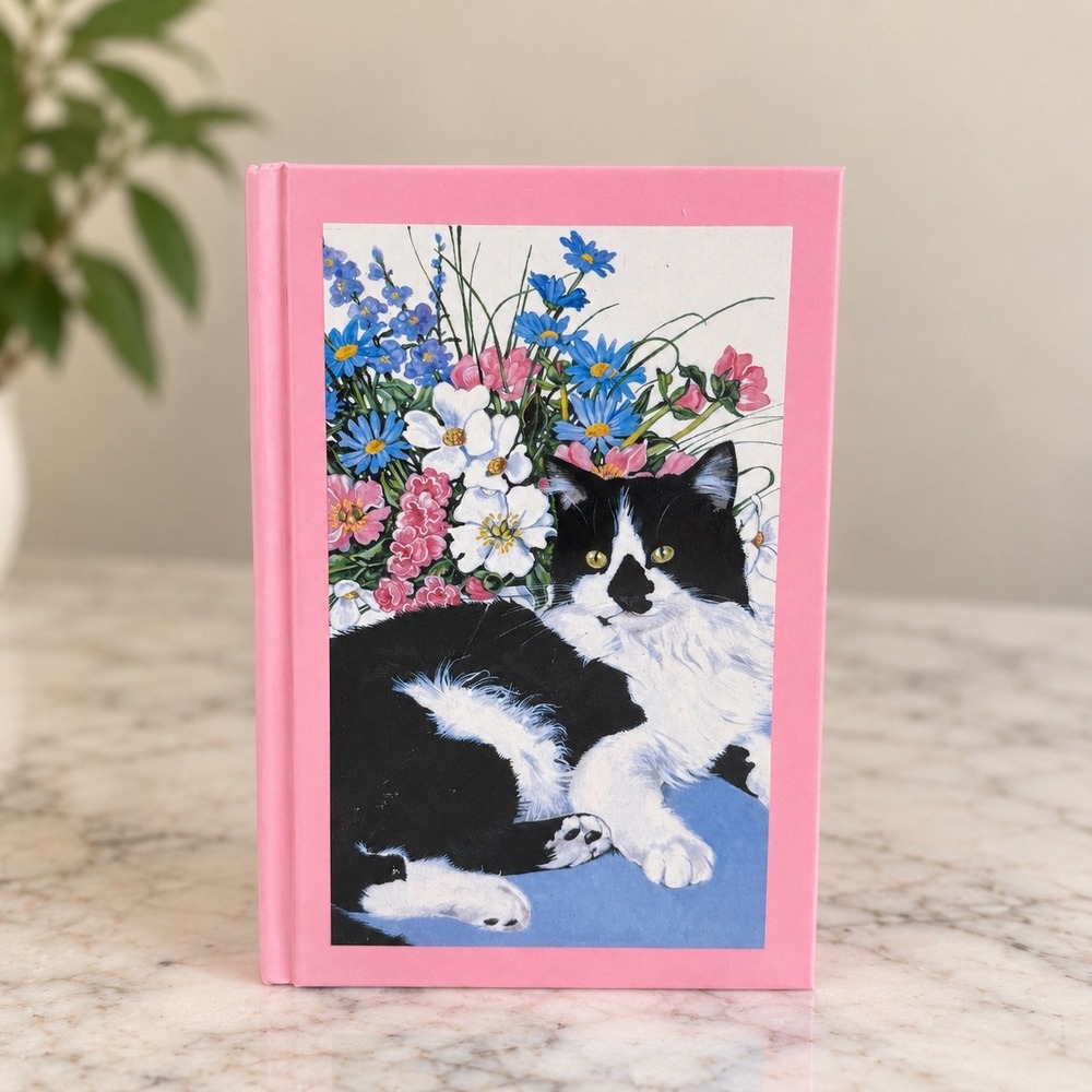 Whimsical Vintage Tuxedo Cat with Flowers Journal Pink Hardcover Lined 8.5"x5.5"